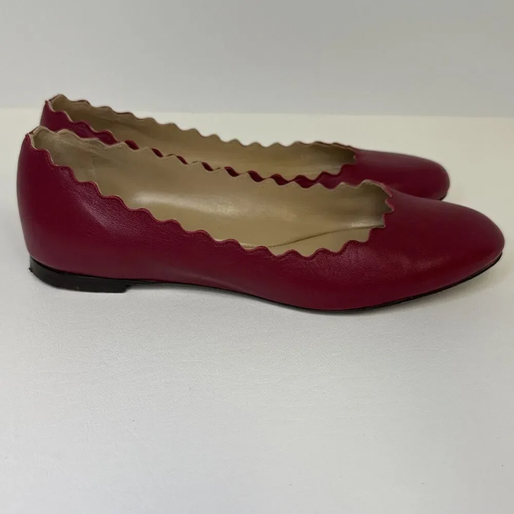 Chloe Lauren Scalloped Leather Ballet Flats Red Size EU 35.5 US 5.5